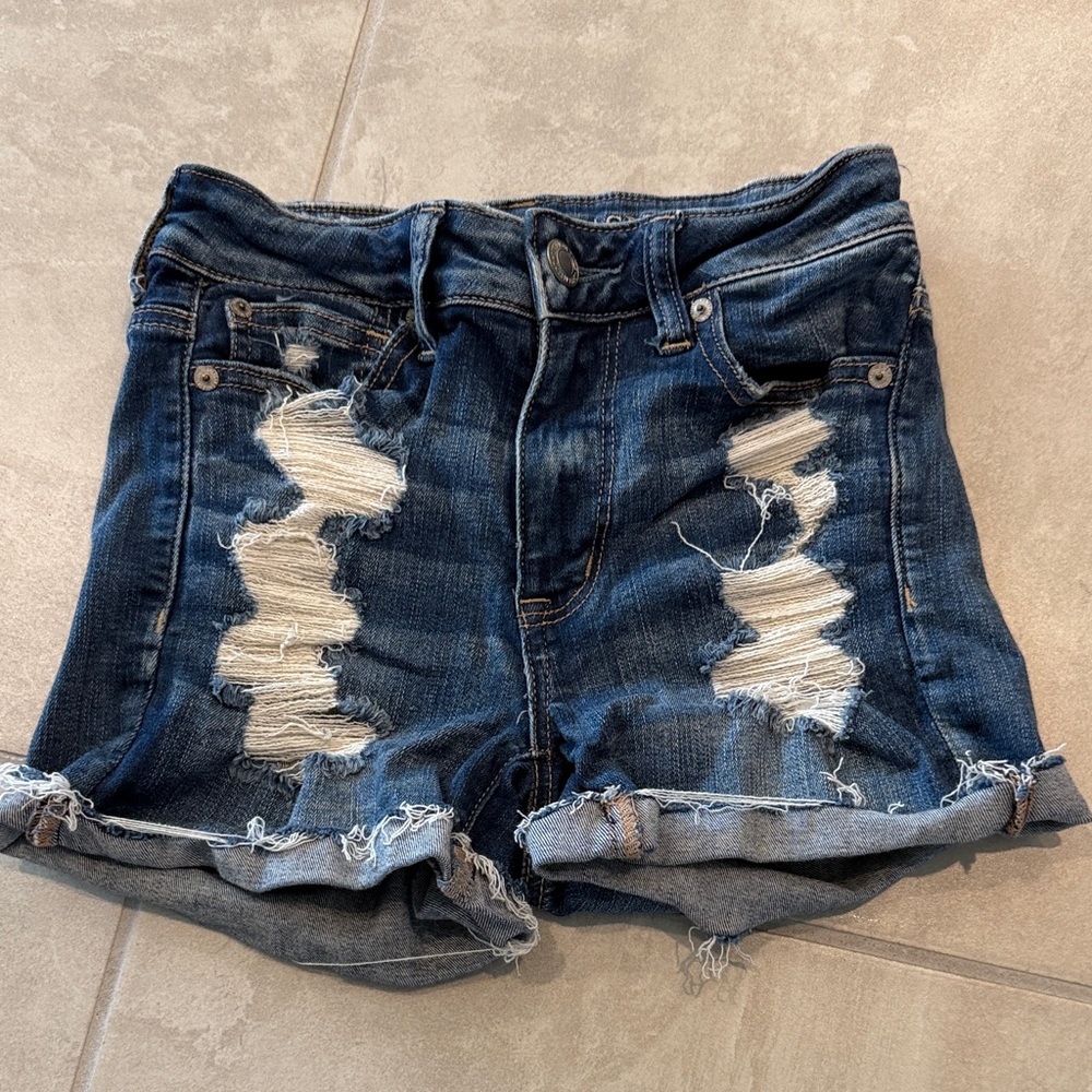 American Eagle Outfitters Dark Blue Distressed Jean Shorts